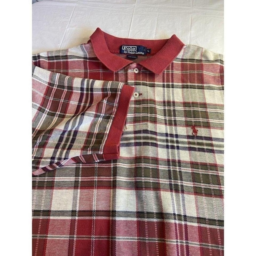 Vintage Ralph Lauren Polo Red Plaid Knit Size Lrg Golf Polo Shirt- Med. Weight
